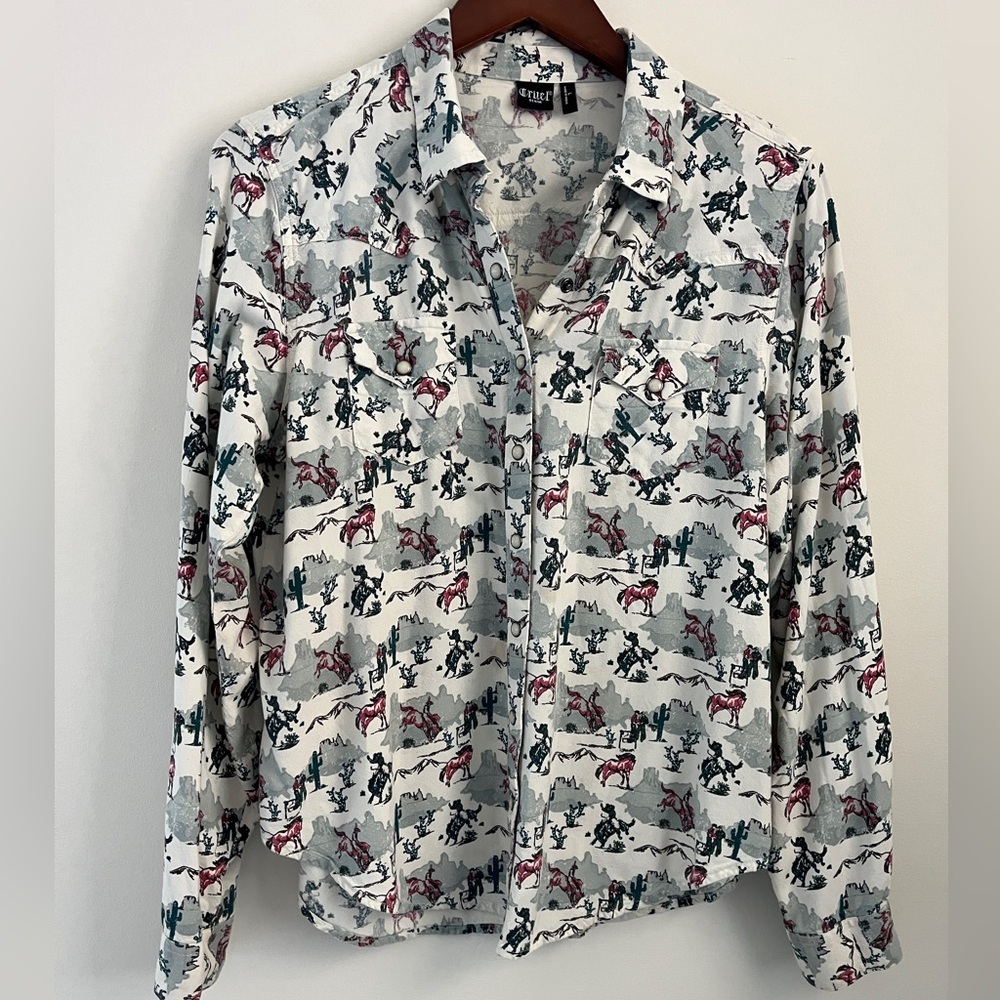Cruel Denim Western Cowboy Print Snap Shirt | Size Large